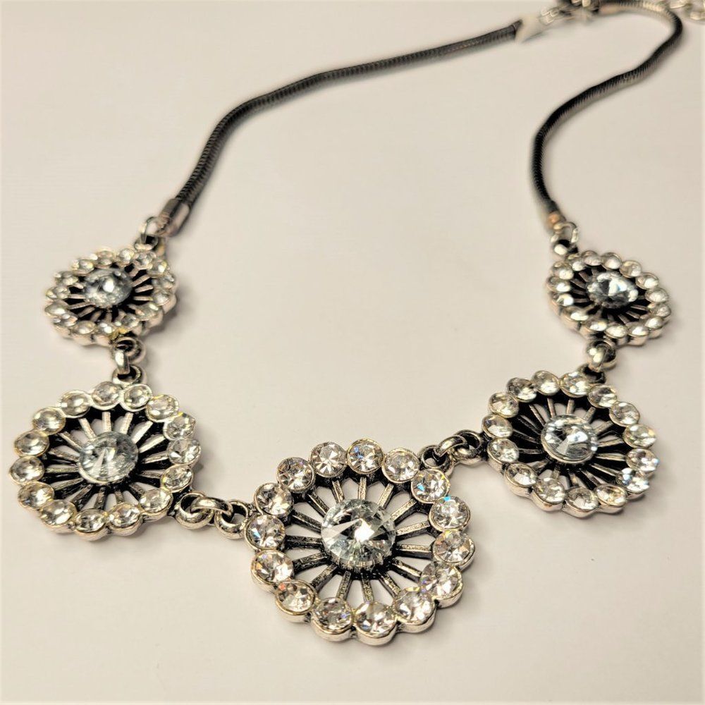 Silver FloralCrystal Choker,  Bib Necklace with Crystals